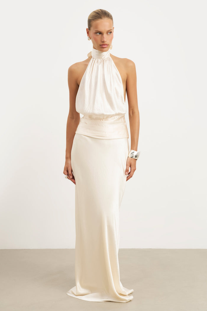 Crushed Satin Backless Halterneck Top - Champagne