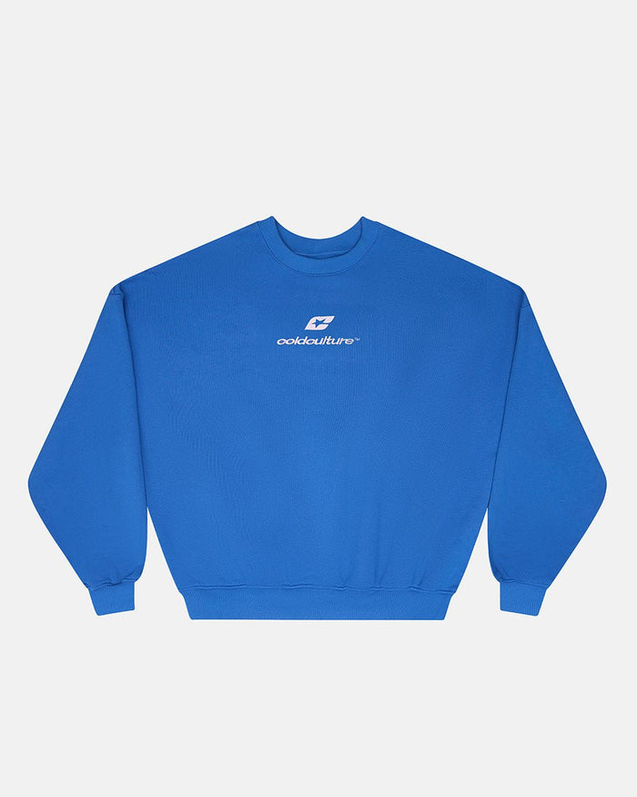 CURVED CREWNECK BLUE - blue oversized crewneck sweatshirt, front view - Cold Culture