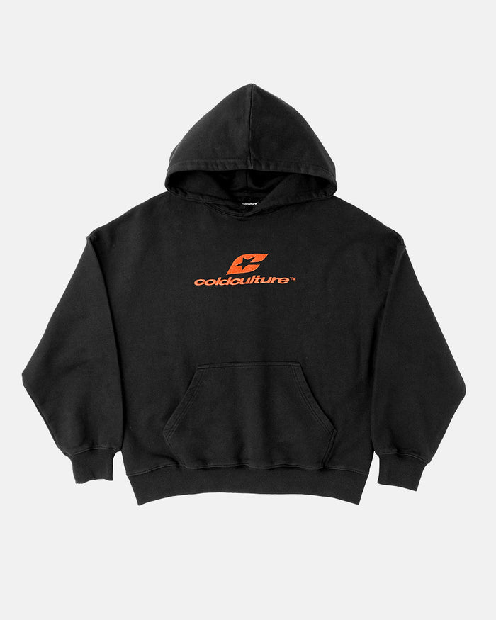 CURVED HOODIE BLACK - black logo print hoodie, front view - Cold Culture