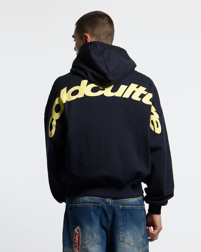 CURVED HOODIE MIDNIGHT BLUE - navy blue oversized hoodie, back view on male model - Cold Culture