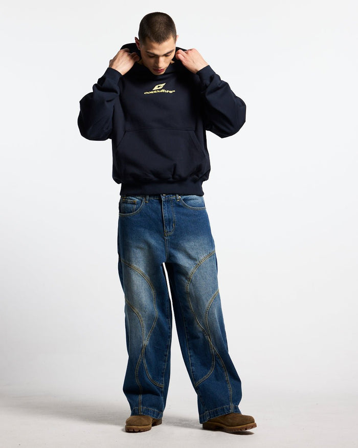 CURVED HOODIE MIDNIGHT BLUE - navy blue oversized hoodie, front view on male model - Cold Culture