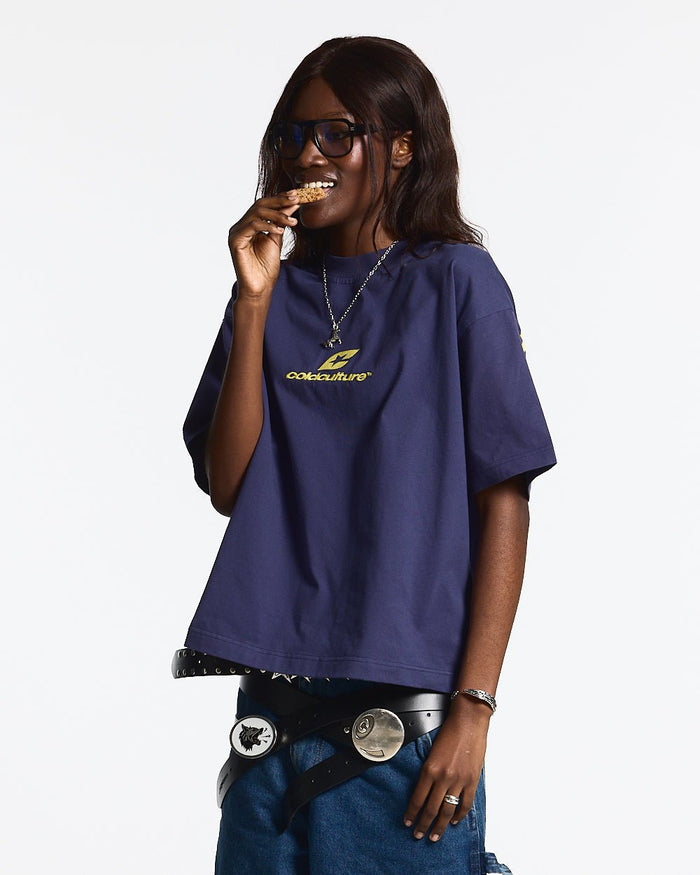 CURVED TEE ECLIPSE - navy blue oversized tee, street style shot - Cold Culture #woman