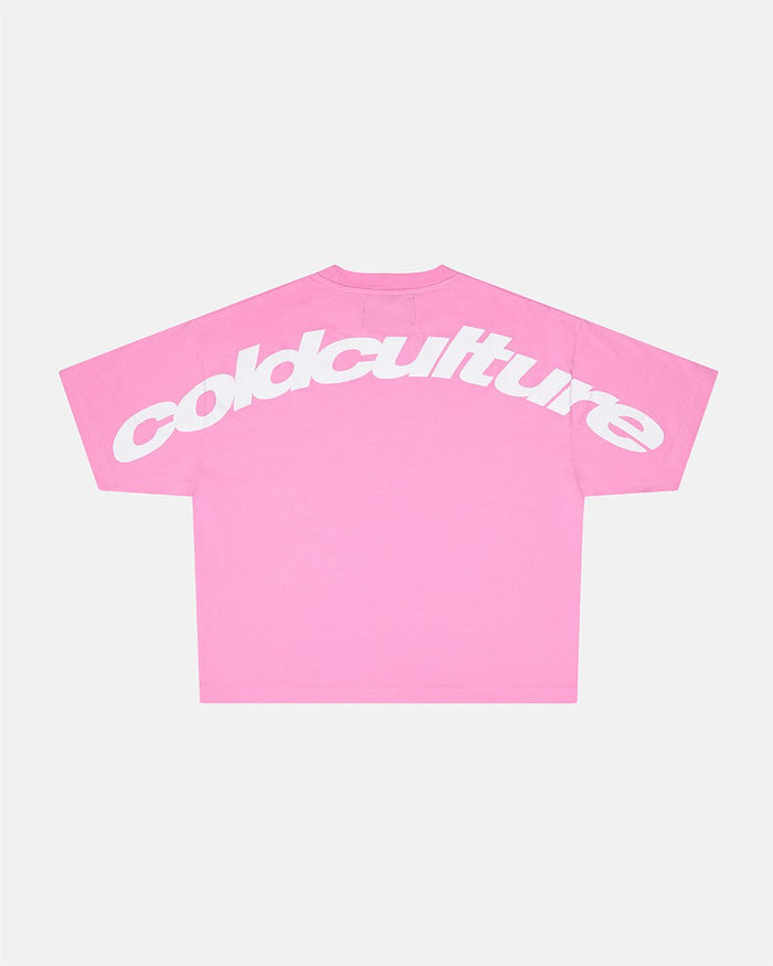 CURVED TEE FUCHSIA PINK - pink oversized tee, back view - Cold Culture