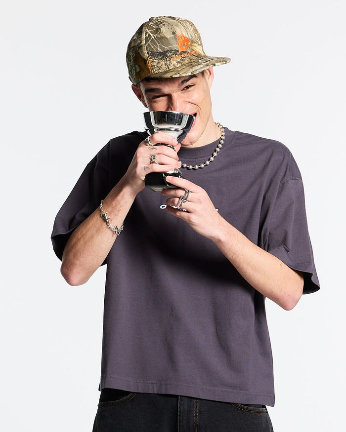 CURVED TEE NINE IRON - dark grey oversized tee, front view on male model - Cold Culture #man