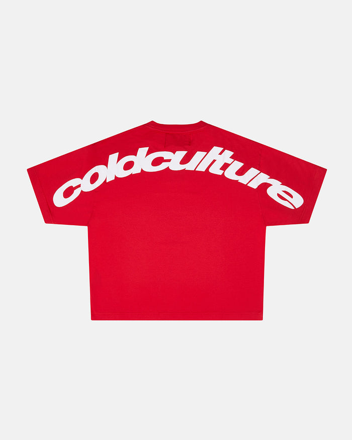 CURVED TEE RACING RED - red oversized tee, back view - Cold Culture