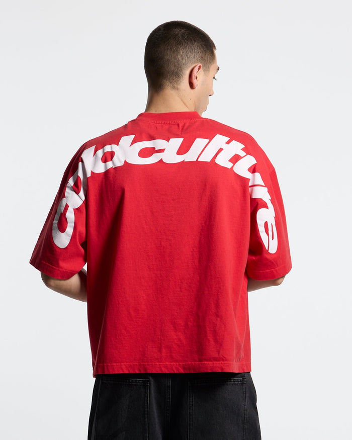 CURVED TEE RACING RED - red oversized tee, back view on male model - Cold Culture #man