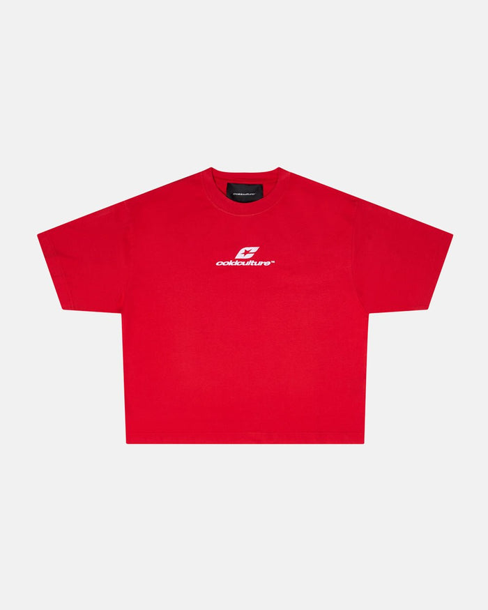CURVED TEE RACING RED - red oversized tee, front view - Cold Culture