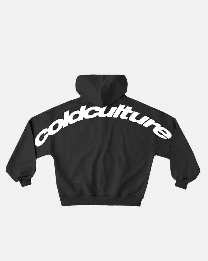 CURVED ZIP HOODIE INDIA INK - black logo print zip hoodie, back view - Cold Culture