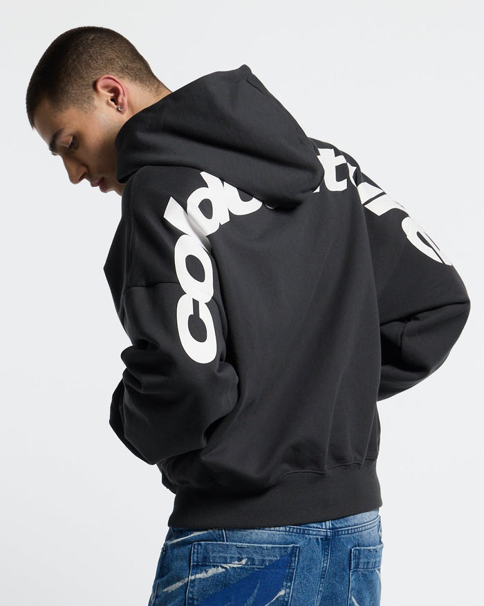 CURVED ZIP HOODIE INDIA INK - black logo print zip hoodie, back view on male model - Cold Culture #man
