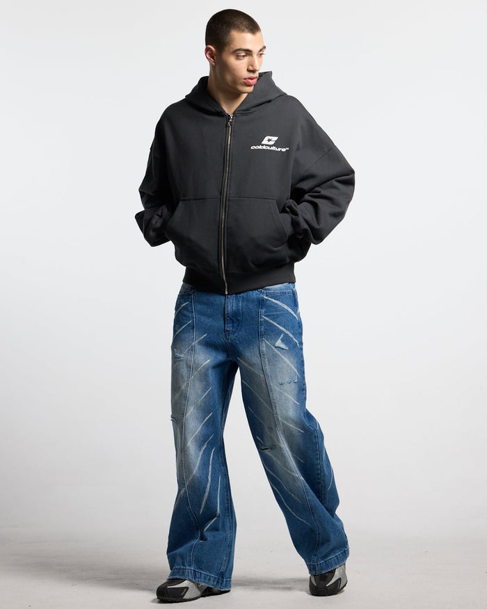 CURVED ZIP HOODIE INDIA INK - black logo print zip hoodie, front view on male model - Cold Culture #man