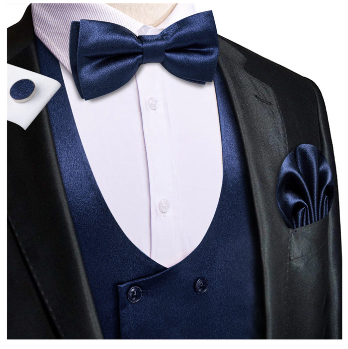 Dark Blue Solid U-Neck Double-Breasted Vest Set- MJ-3255