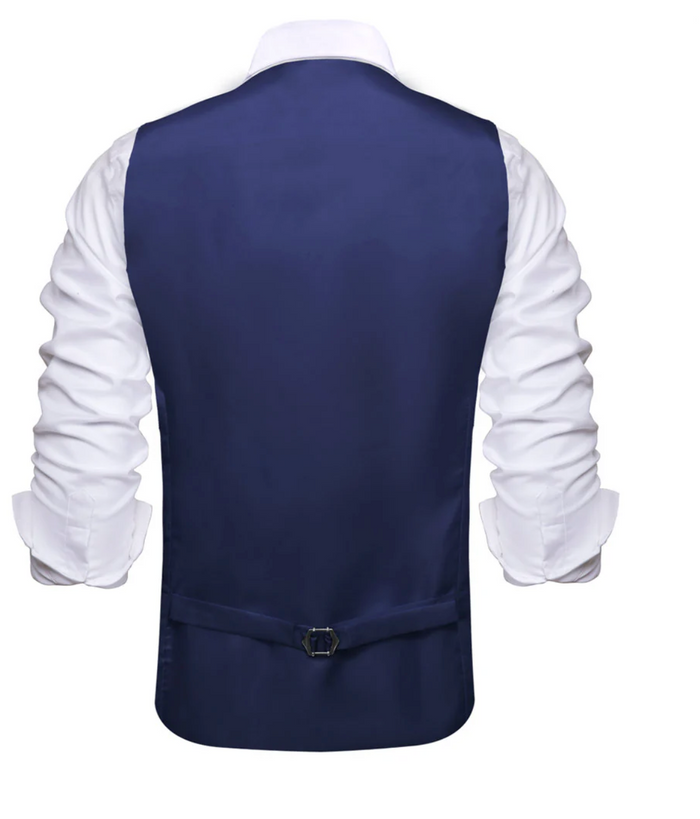 Dark Blue Solid U-Neck Double-Breasted Vest Set- MJ-3255