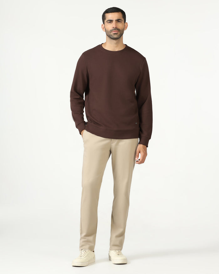 Dark Brown Crew Neck Textured Sweatshirt - Pan