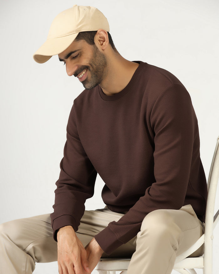 Dark Brown Crew Neck Textured Sweatshirt - Pan