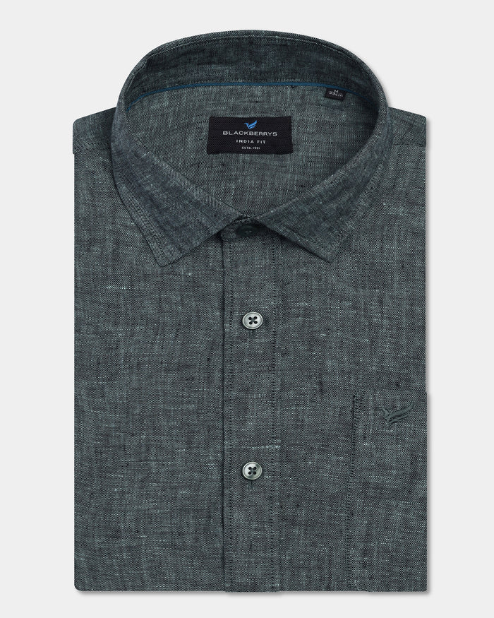 Dark Green Linen Solid Shirt - Stelo