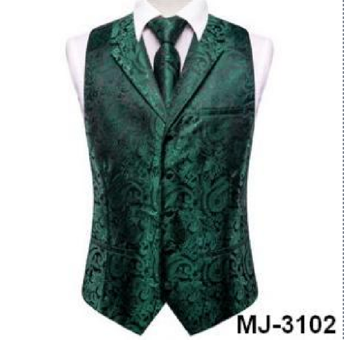 Dark Green Paisley Notched Collar Silk Mens Dress Vest Tie Set- MJ-0741