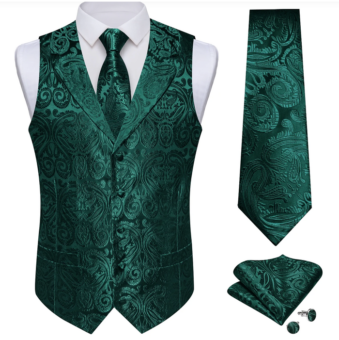Dark Green Paisley Notched Collar Silk Mens Vest Tie Set- MJ-0719