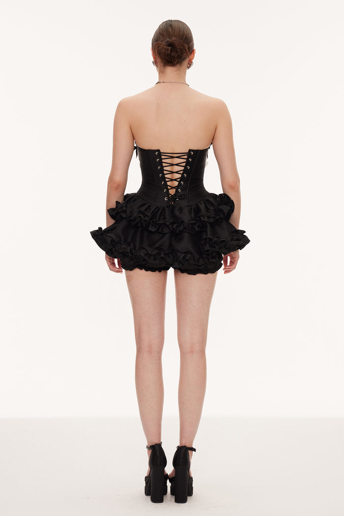 Daxton Strapless Corset Puffy Mini Dress In Black
