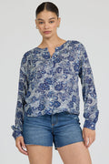 dark blue swirl floral button down top