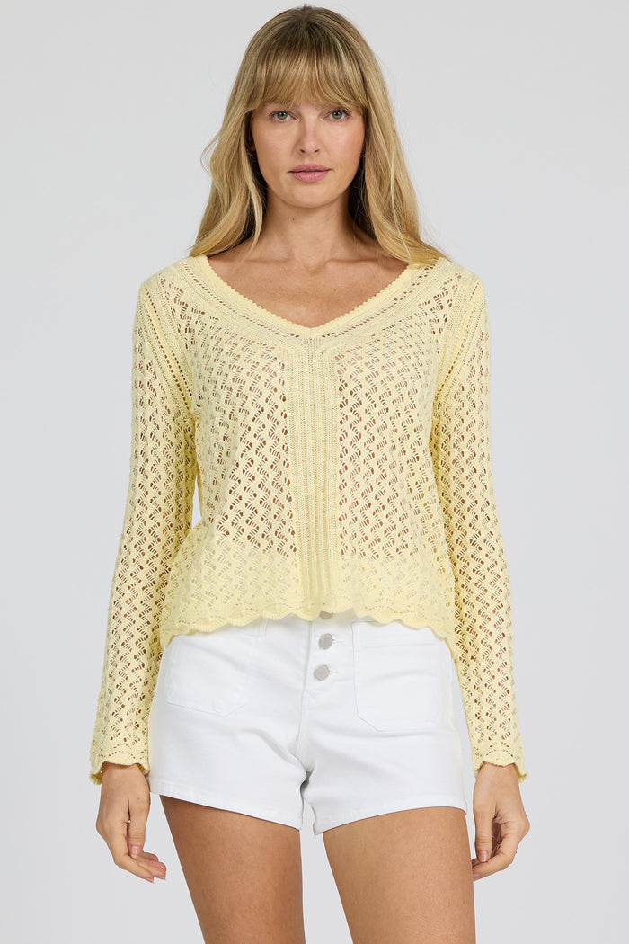 yellow v neck crochet sweater