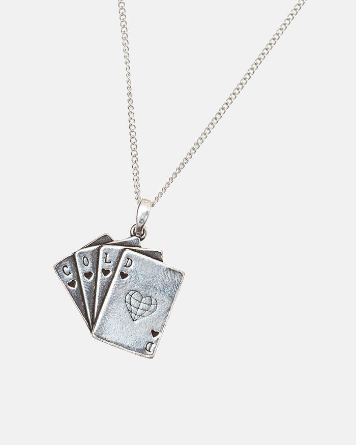 DECK NECKLACE - silver playing cards pendant necklace, detail close-up - Cold Culture
