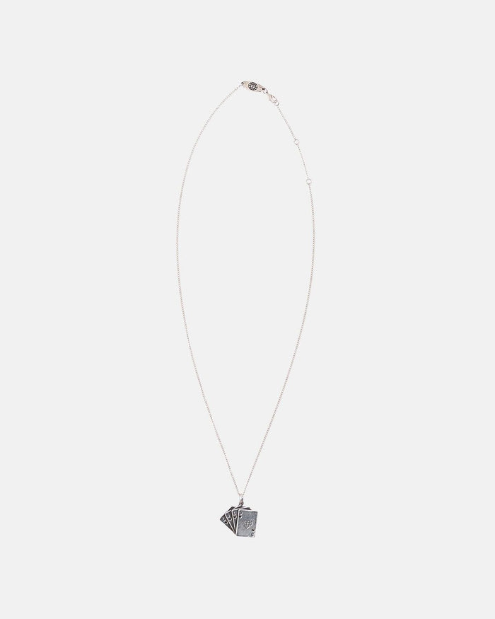 DECK NECKLACE - silver playing cards pendant necklace, flat lay - Cold Culture