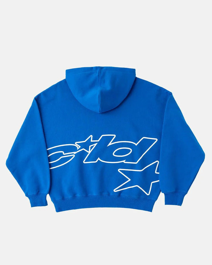 DEFENSE HOODIE ELECTRIC BLUE - royal blue graphic print hoodie, back view - Cold Culture