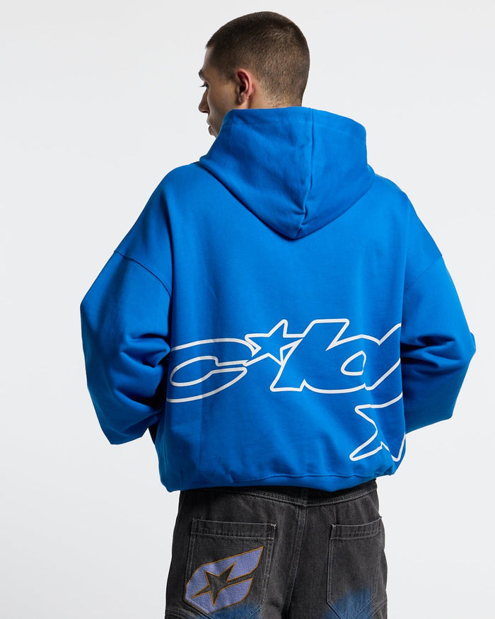 DEFENSE HOODIE ELECTRIC BLUE - royal blue graphic print hoodie, back view on male model - Cold Culture #man