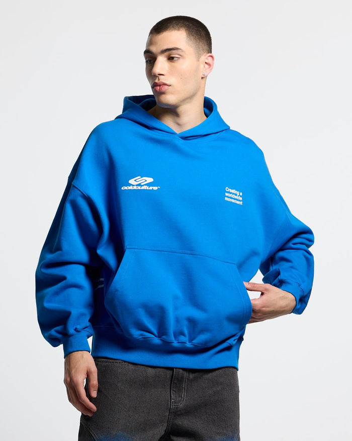 DEFENSE HOODIE ELECTRIC BLUE - royal blue graphic print hoodie, front view on male model - Cold Culture