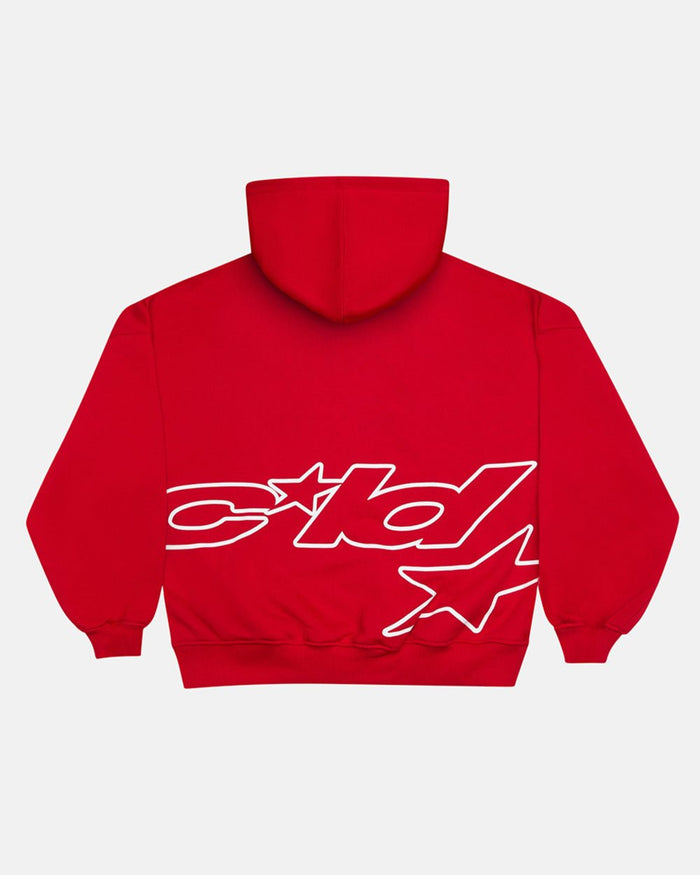 DEFENSE HOODIE RED - red graphic print hoodie, back view - Cold Culture