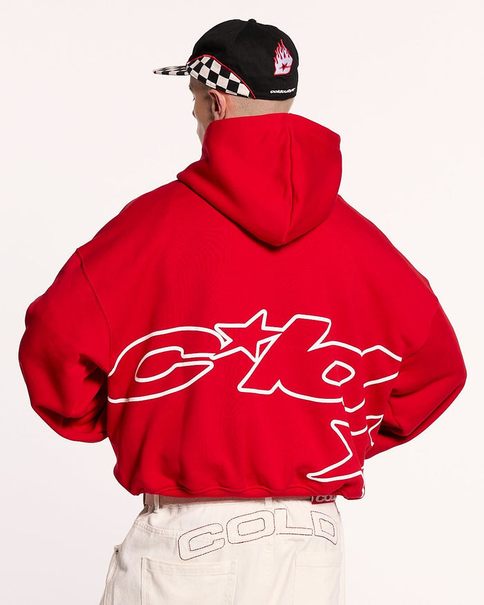 DEFENSE HOODIE RED - red graphic print hoodie, back view on male model - Cold Culture #man