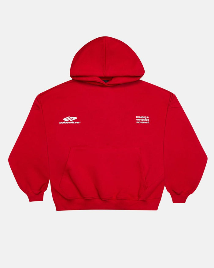 DEFENSE HOODIE RED - red graphic print hoodie, front view - Cold Culture