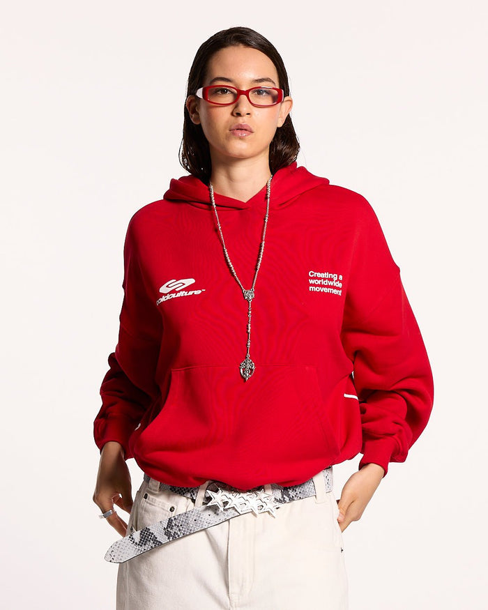 DEFENSE HOODIE RED - red graphic print hoodie, front view on female model - Cold Culture #woman