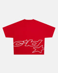 DEFENSE TEE RED - red graphic print tee, back view - Cold Culture