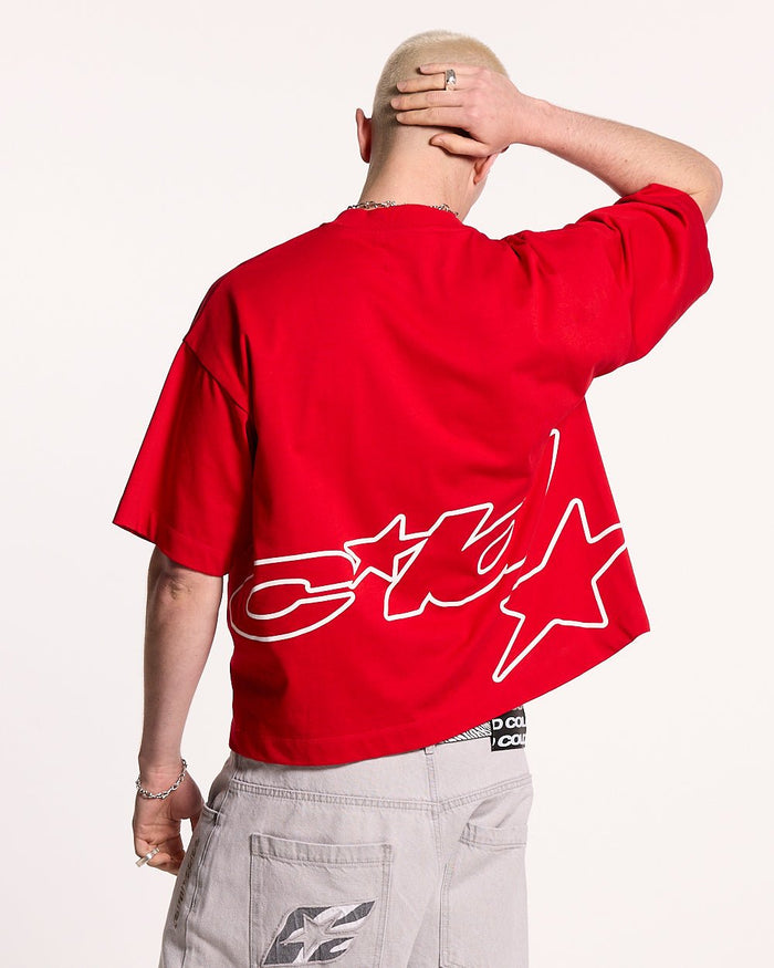 DEFENSE TEE RED - red graphic print tee, back view on male model - Cold Culture #man