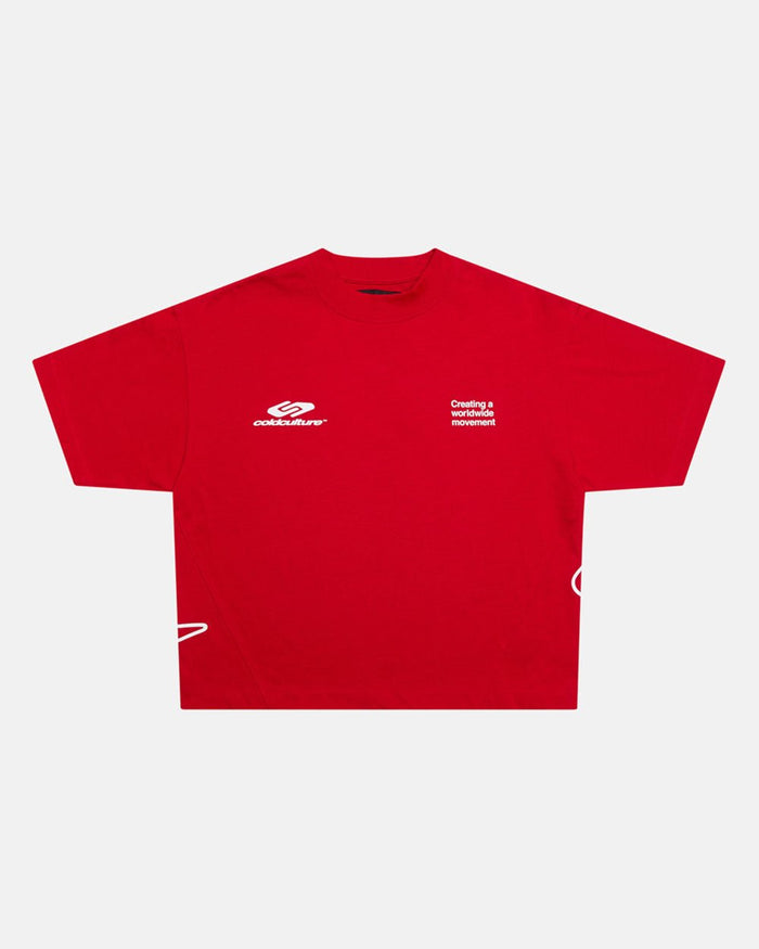 DEFENSE TEE RED - red graphic print tee, front view - Cold Culture