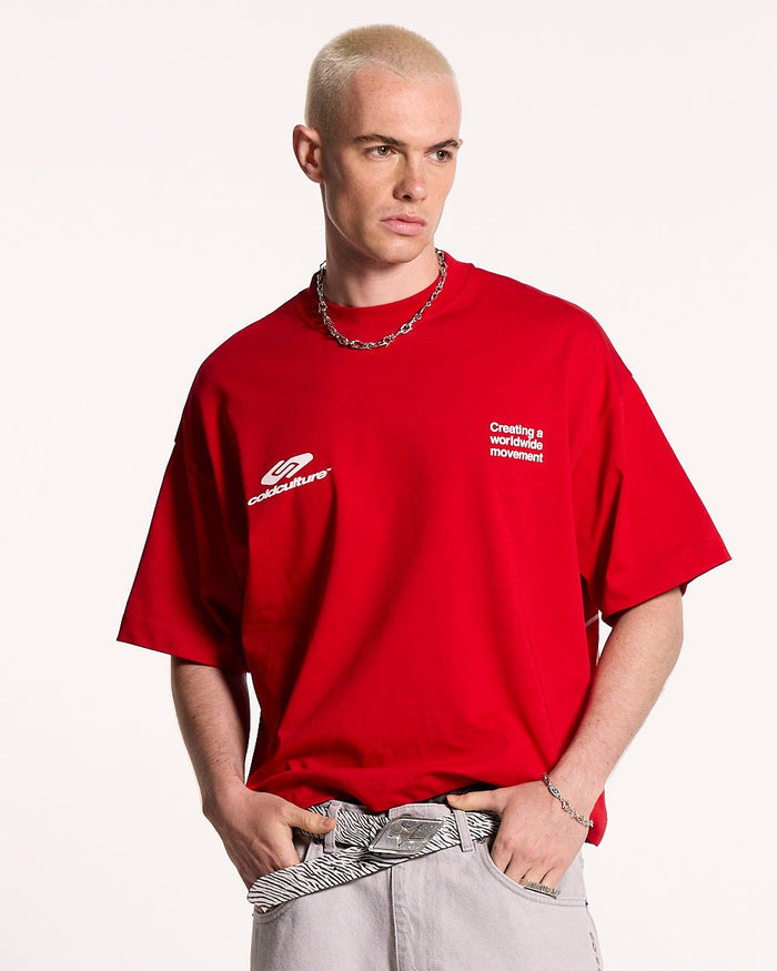 DEFENSE TEE RED - red graphic print tee, front view on male model - Cold Culture #man