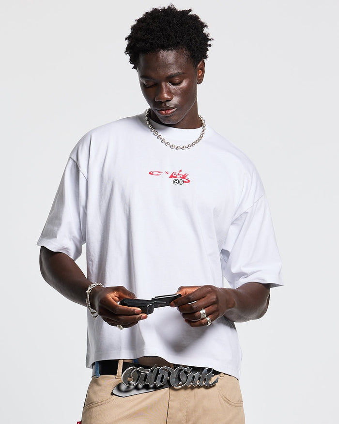 DEMON TEE WHITE - white graphic print tee, front view on male model - Cold Culture #man