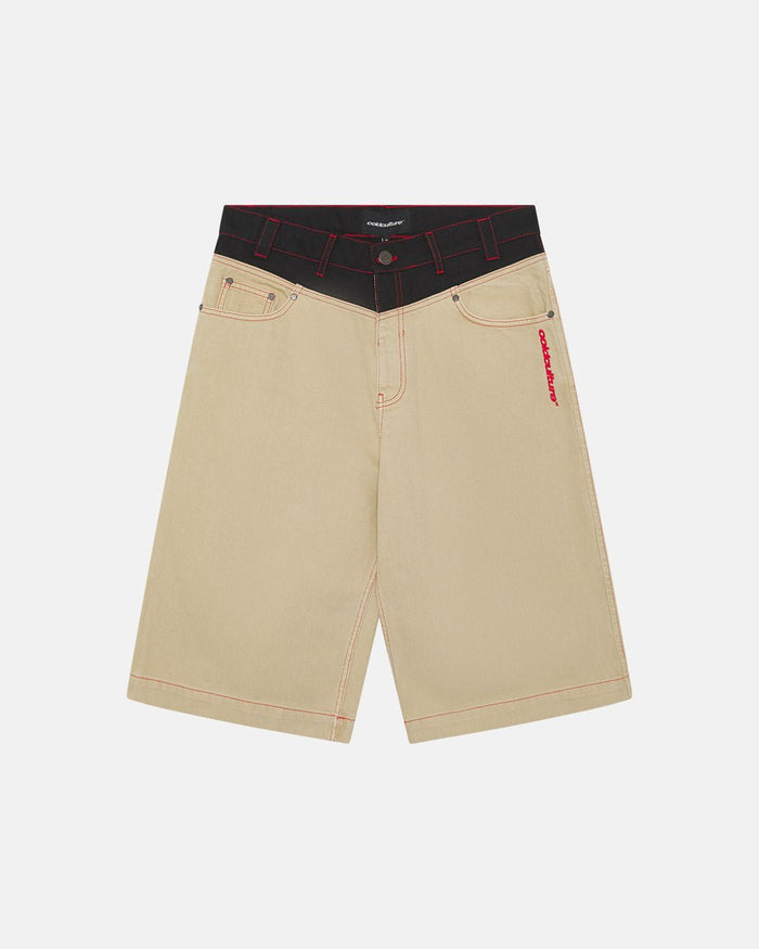 DESERT SHORT - baggy beige denim shorts, front view - Cold Culture