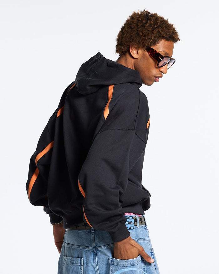 DETAILED HOODIE BLACK - black and orange hoodie, back view on male model - Cold Culture #man