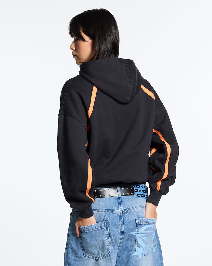 DETAILED HOODIE BLACK - black and orange hoodie, back view on female model - Cold Culture #woman