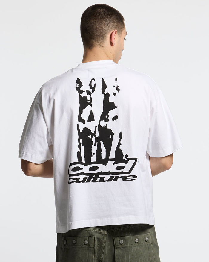DOGS TEE WHITE - white oversized graphic tee, back view on male model - Cold Culture #man