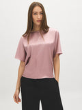 Zephyr Dolman Sleeve Satin Front Top with Keyhole - Woman Wearing Relaxed Crew Neck Blouse - Suzy Shier