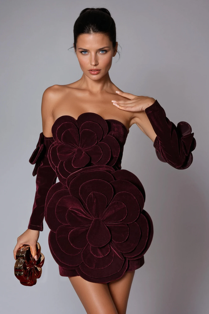 Donat Strapless Flower Velvet Mini Dress