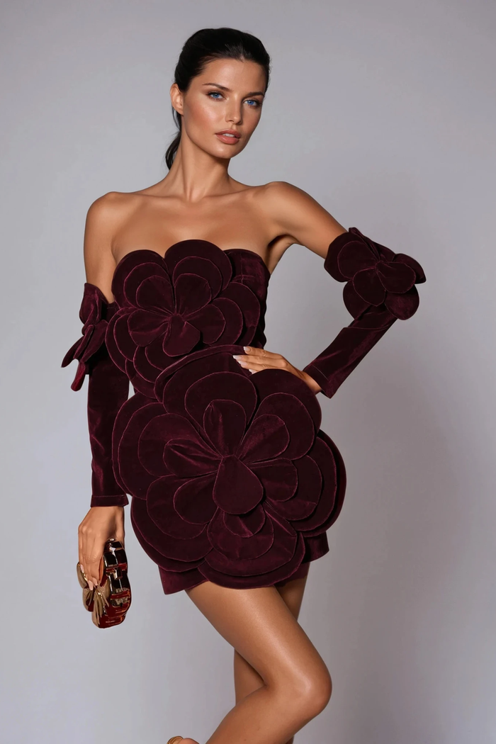 Donat Strapless Flower Velvet Mini Dress