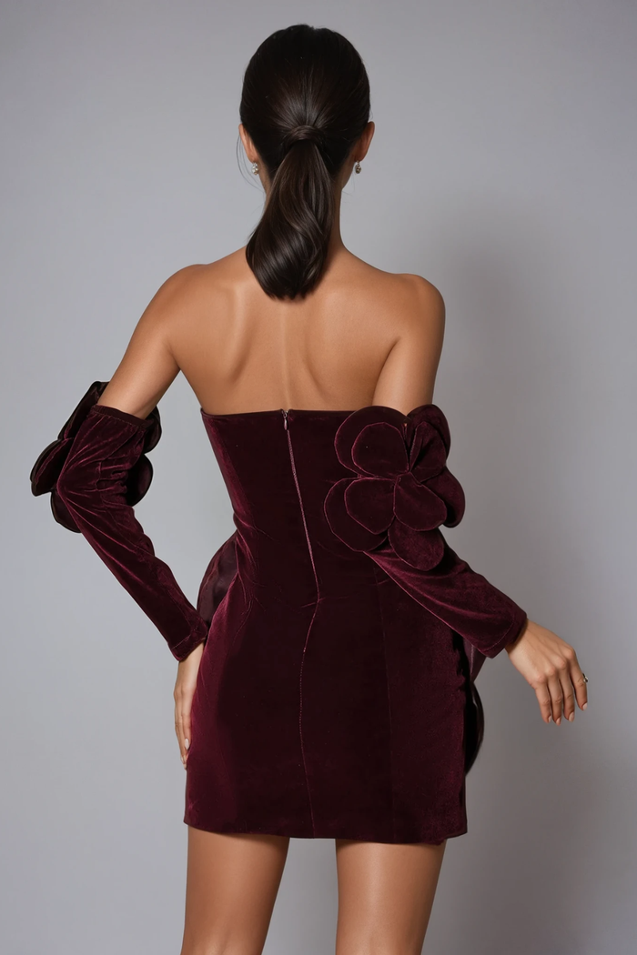 Donat Strapless Flower Velvet Mini Dress