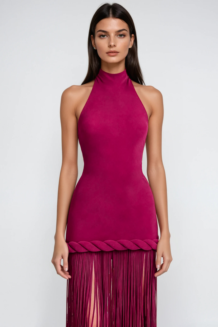 Dorel Halter Neck Twist Fringe Maxi Dress