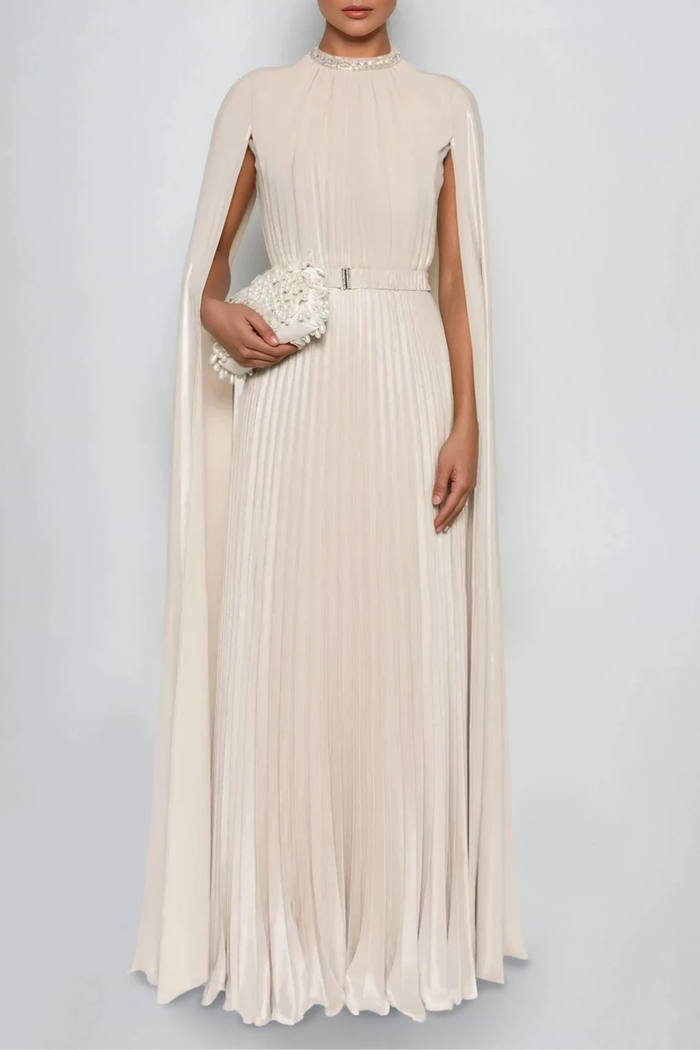 Dorinda Cape Sleeve Pleated Maxi Dress