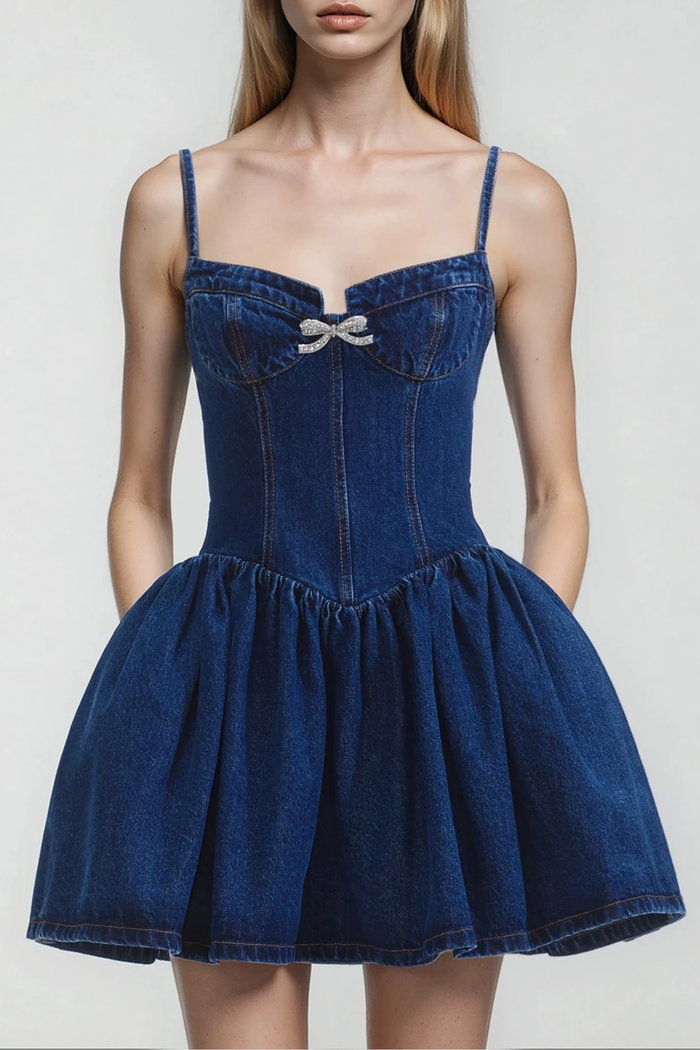 Dorofey Embellished Ruffle Denim Mini Dress