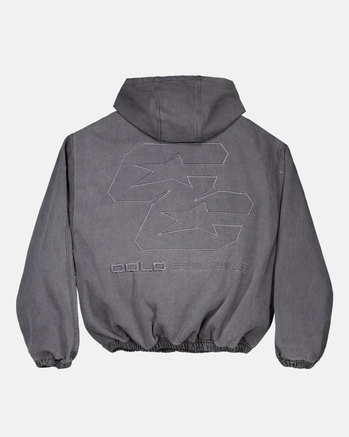 DOUBLE C STARS ZIP JACKET HEAVY GREY DENIM - washed grey denim zip jacket, back view - Cold Culture